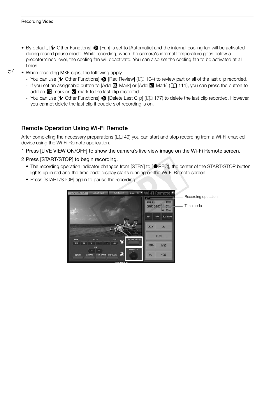 Remote operation using wi-fi remote, Remote operation using wi-fi remote 54, Cop y | Canon EOS C500 User Manual | Page 54 / 210