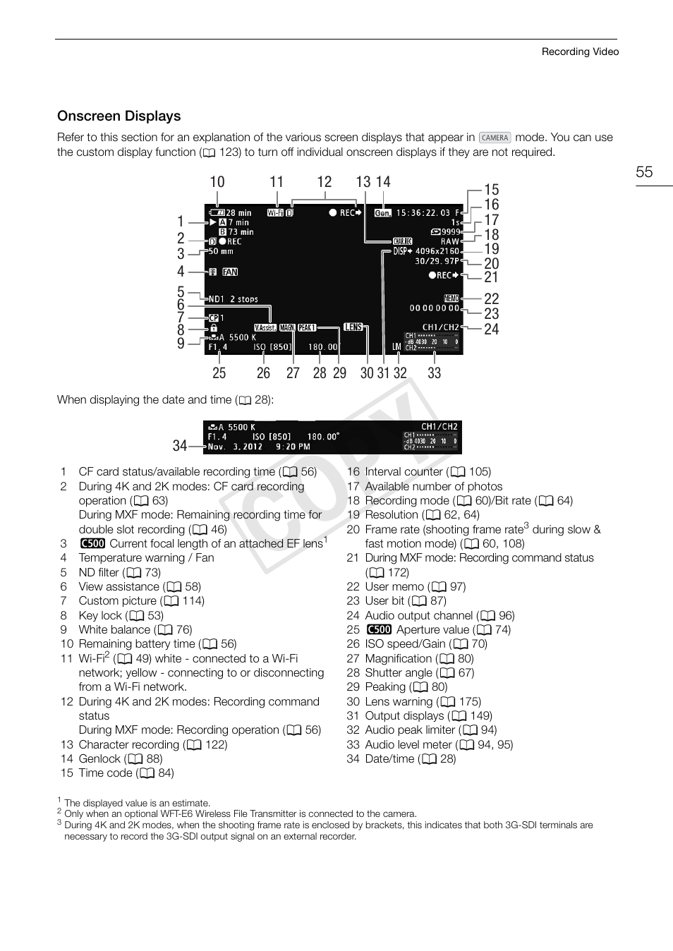 Onscreen displays, Onscreen displays 55, Cop y | Canon EOS C500 User Manual | Page 55 / 210