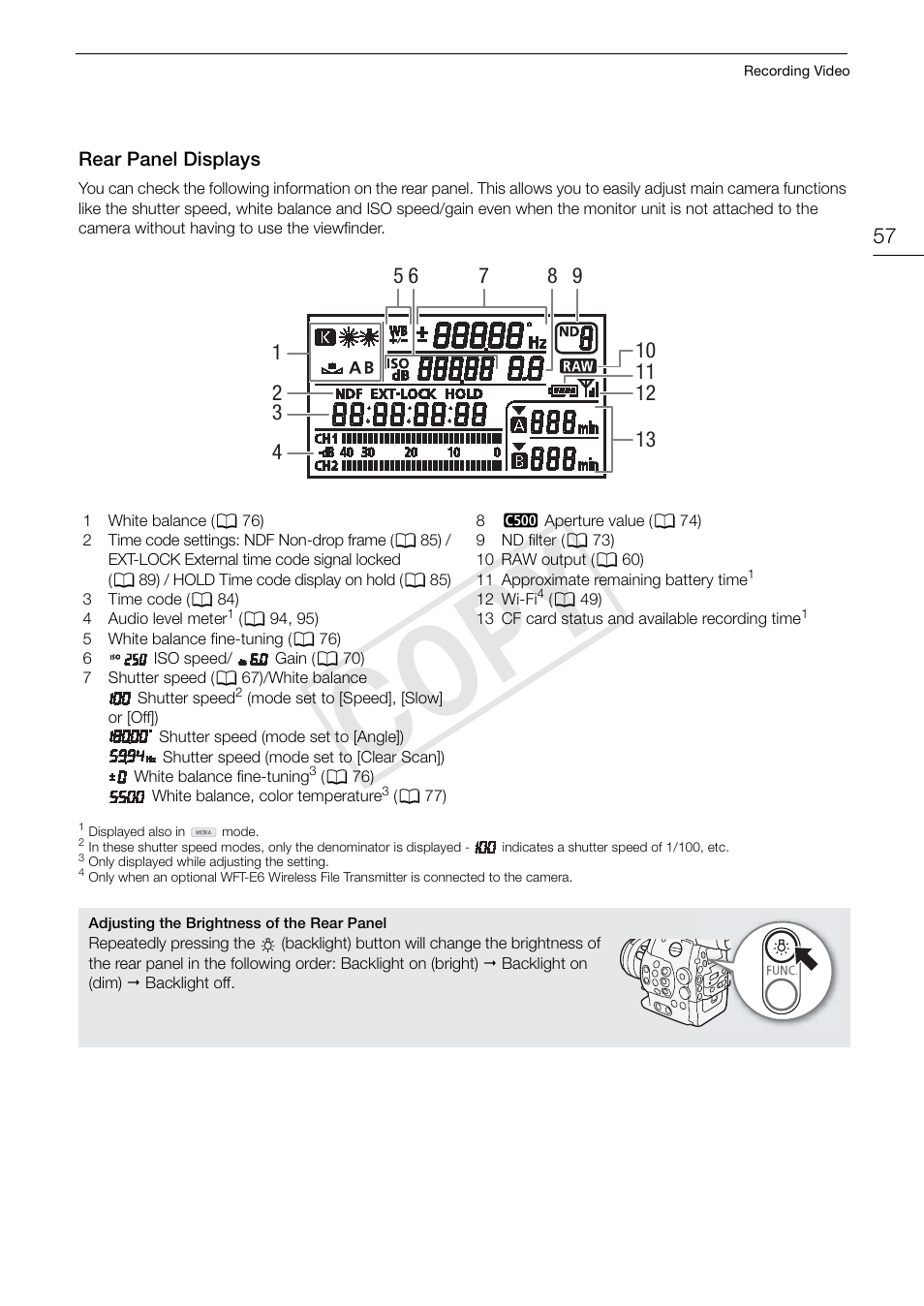 Rear panel displays, Rear panel displays 57, Cop y | Canon EOS C500 User Manual | Page 57 / 210