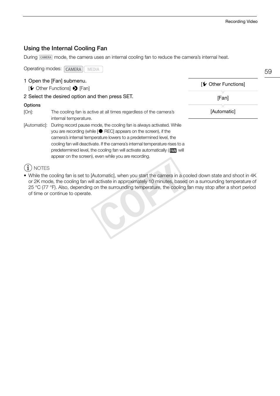Using the internal cooling fan, Using the internal cooling fan 59, Cop y | Canon EOS C500 User Manual | Page 59 / 210