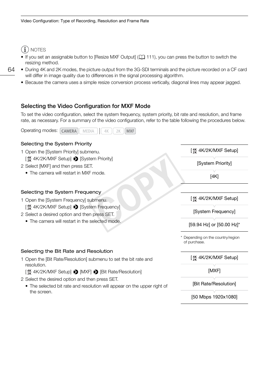 Selecting the video configuration for mxf mode, Selecting the video configuration for mxf, Mode 64 | Cop y | Canon EOS C500 User Manual | Page 64 / 210
