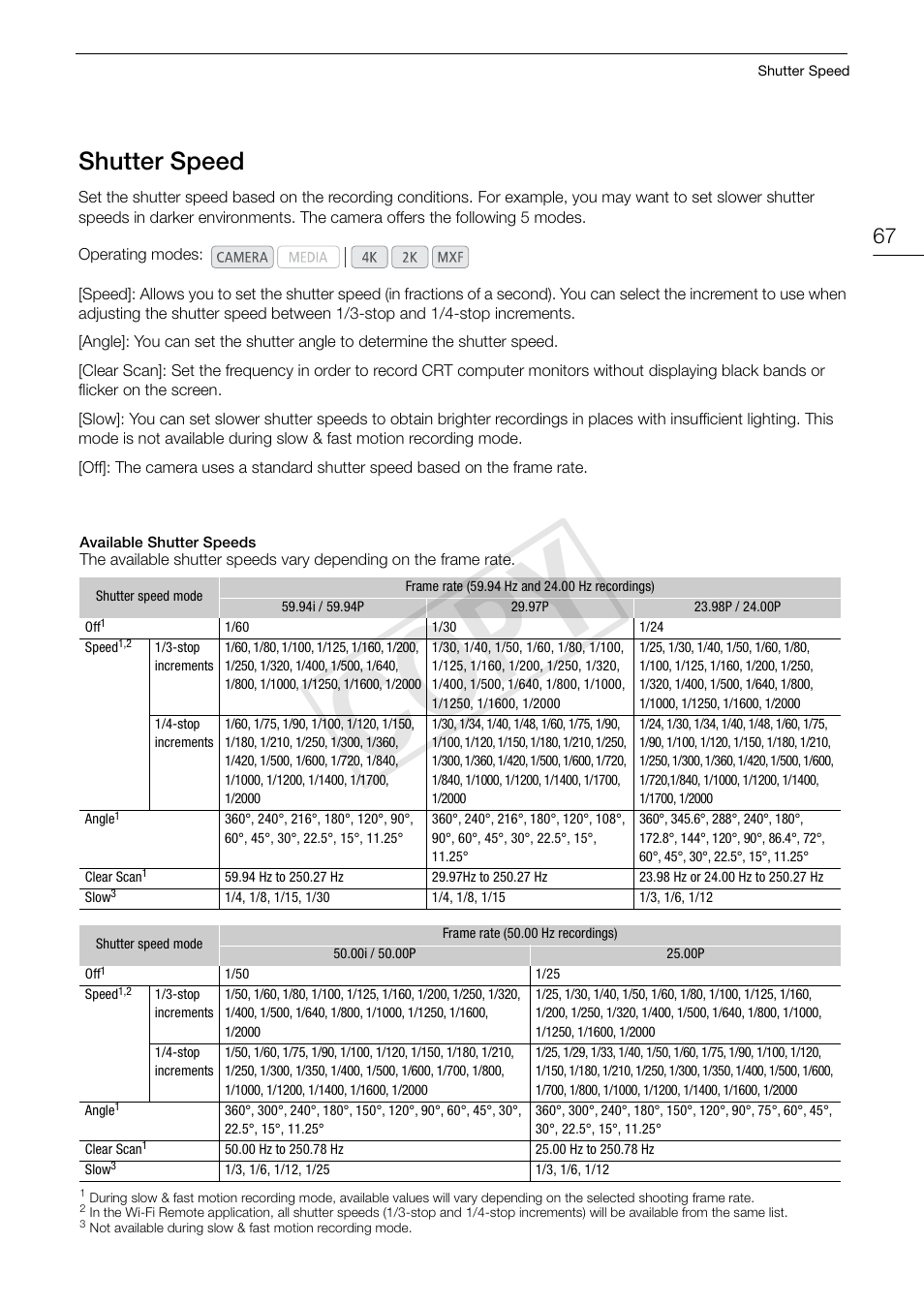 Shutter speed, Shutter speed 67, 67)/wh | Cop y | Canon EOS C500 User Manual | Page 67 / 210