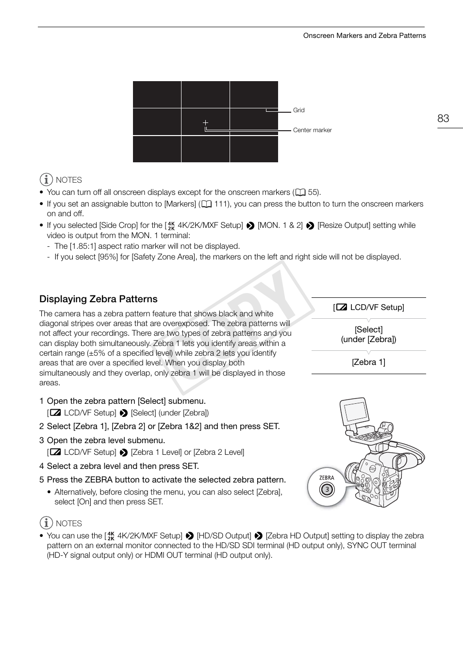 Displaying zebra patterns, Displaying zebra patterns 83, Cop y | Canon EOS C500 User Manual | Page 83 / 210