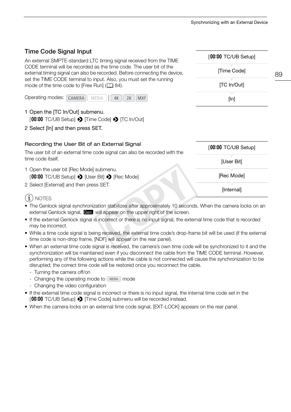 Time code signal input, Time code signal input 89, Cop y | Canon EOS C500 User Manual | Page 89 / 210