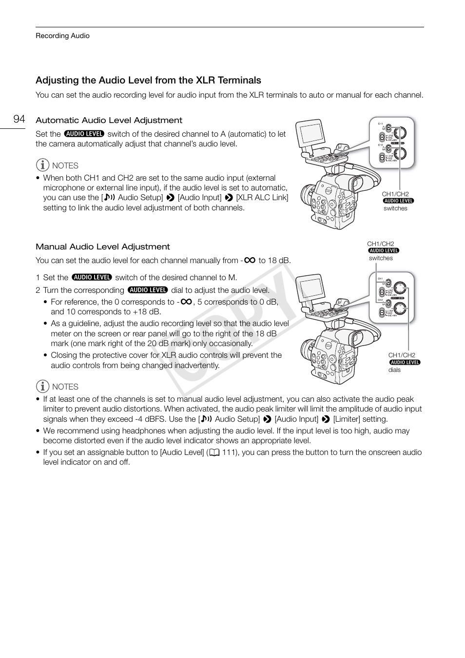 Adjusting the audio level from the xlr terminals, Adjusting the audio level from the xlr, Terminals 94 | Cop y | Canon EOS C500 User Manual | Page 94 / 210