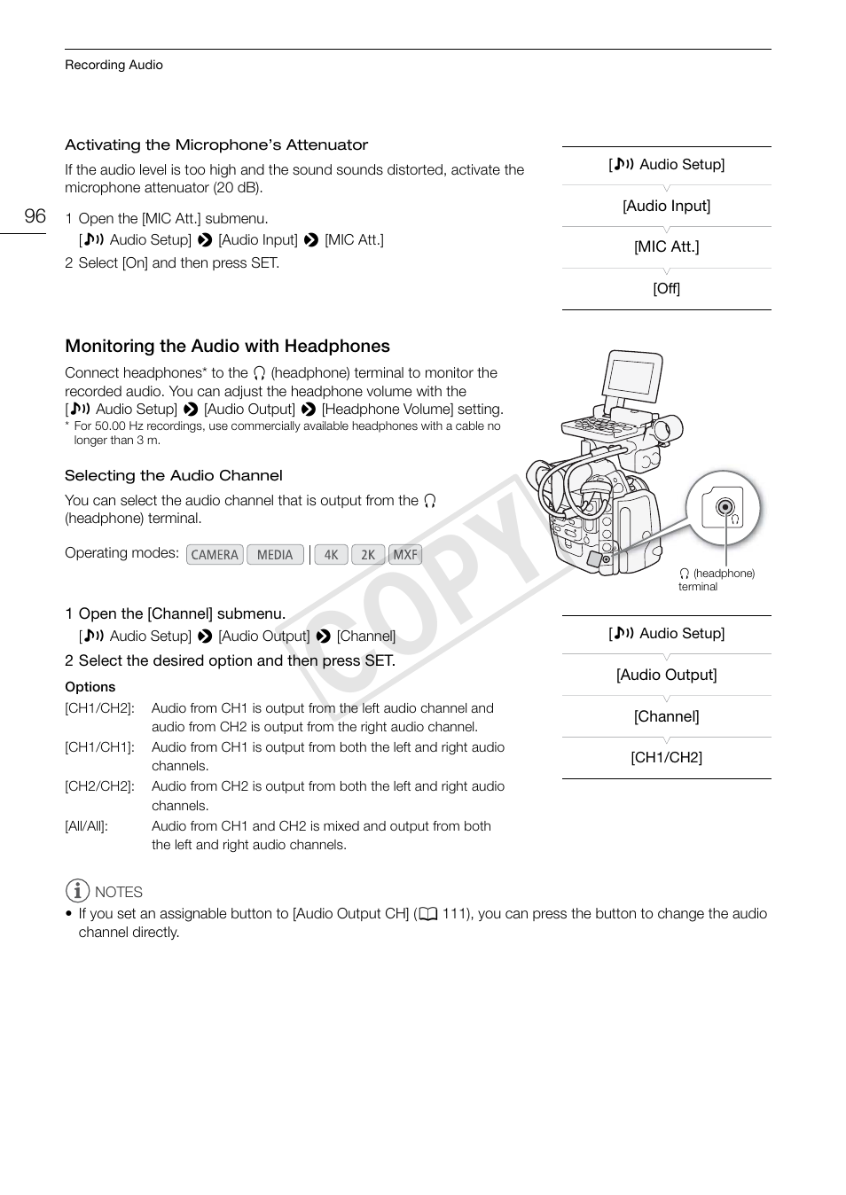 Monitoring the audio with headphones, Monitoring the audio with headphones 96, Cop y | Canon EOS C500 User Manual | Page 96 / 210