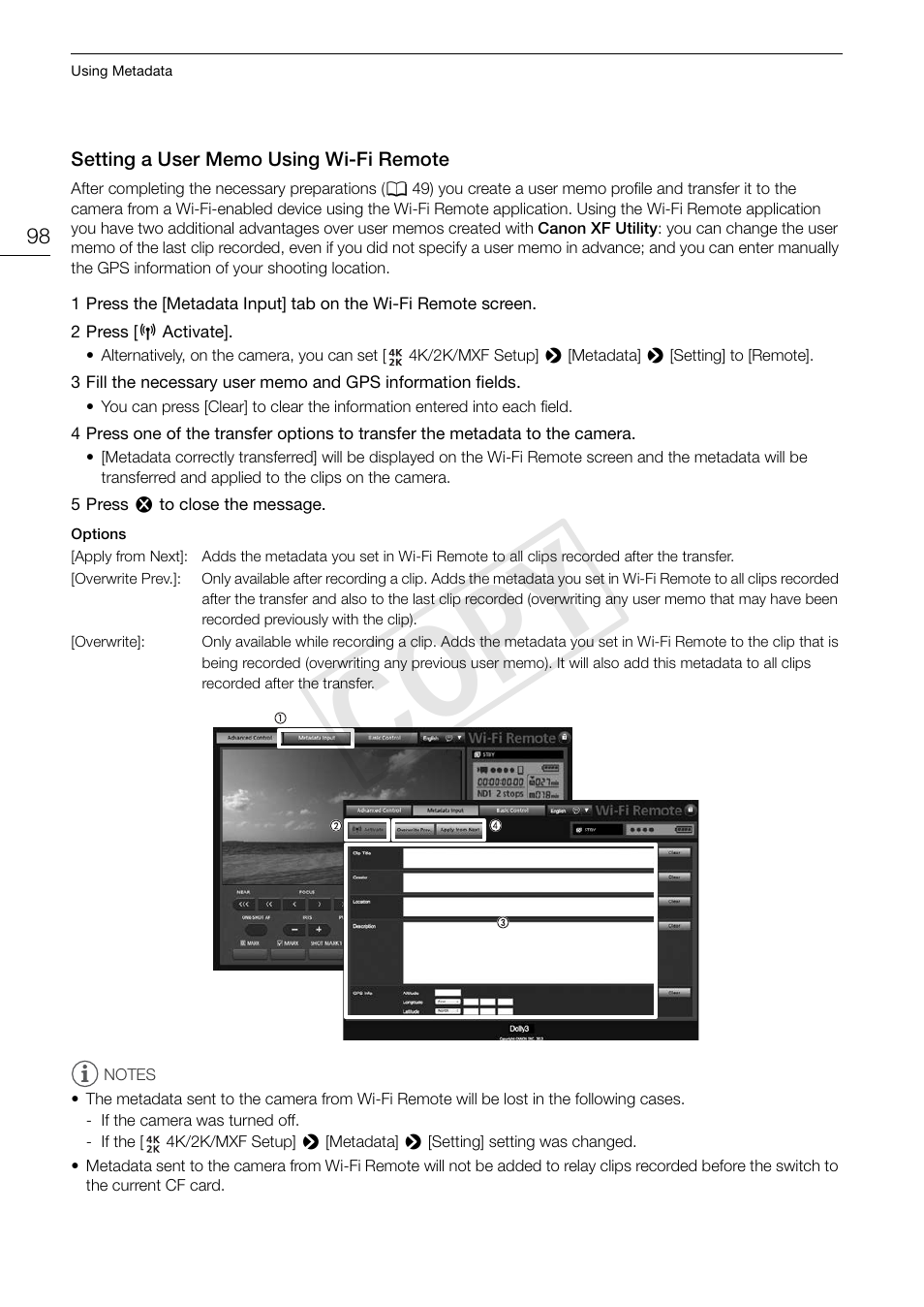 Setting a user memo using wi-fi remote, Setting a user memo using wi-fi remote 98, Cop y | Canon EOS C500 User Manual | Page 98 / 210
