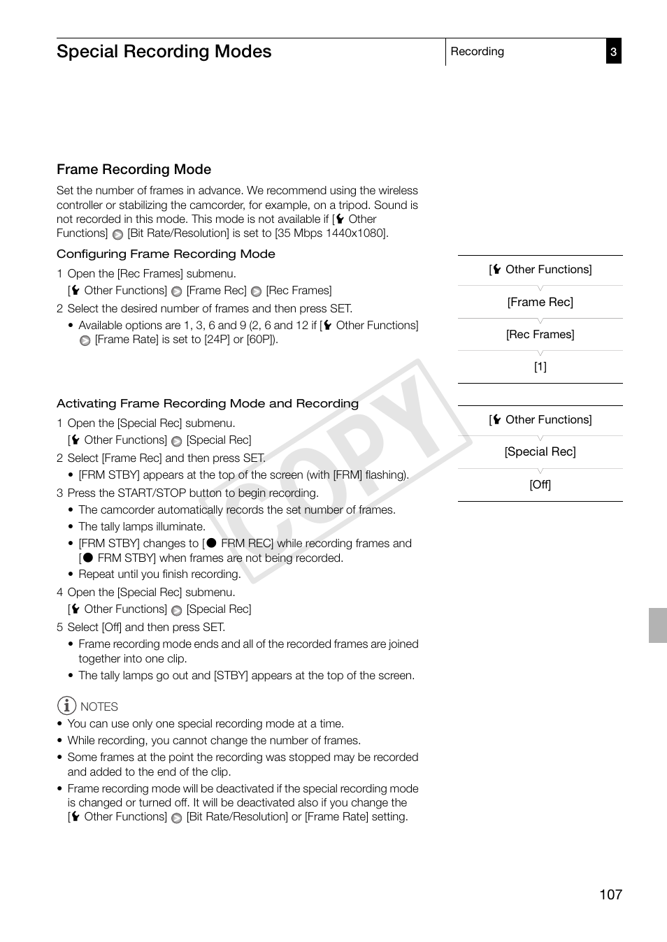 Frame recording mode, Frame recording mode 107, Cop y | Special recording modes | Canon XF305 User Manual | Page 107 / 217