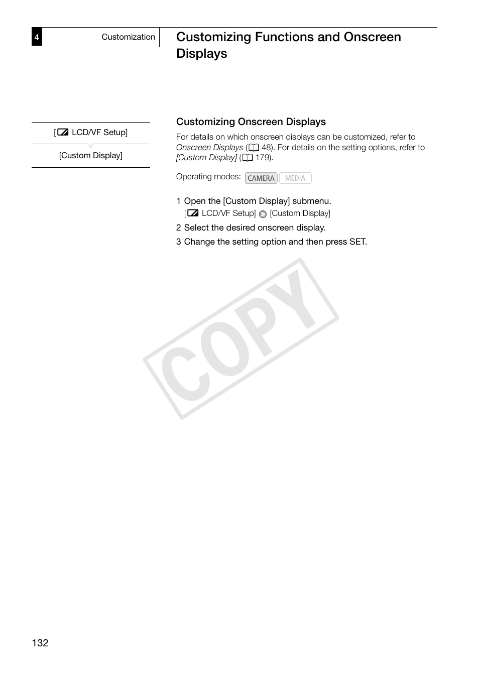 Customizing onscreen displays, 132) g, Customizing onscreen displays 132 | Cop y | Canon XF305 User Manual | Page 132 / 217