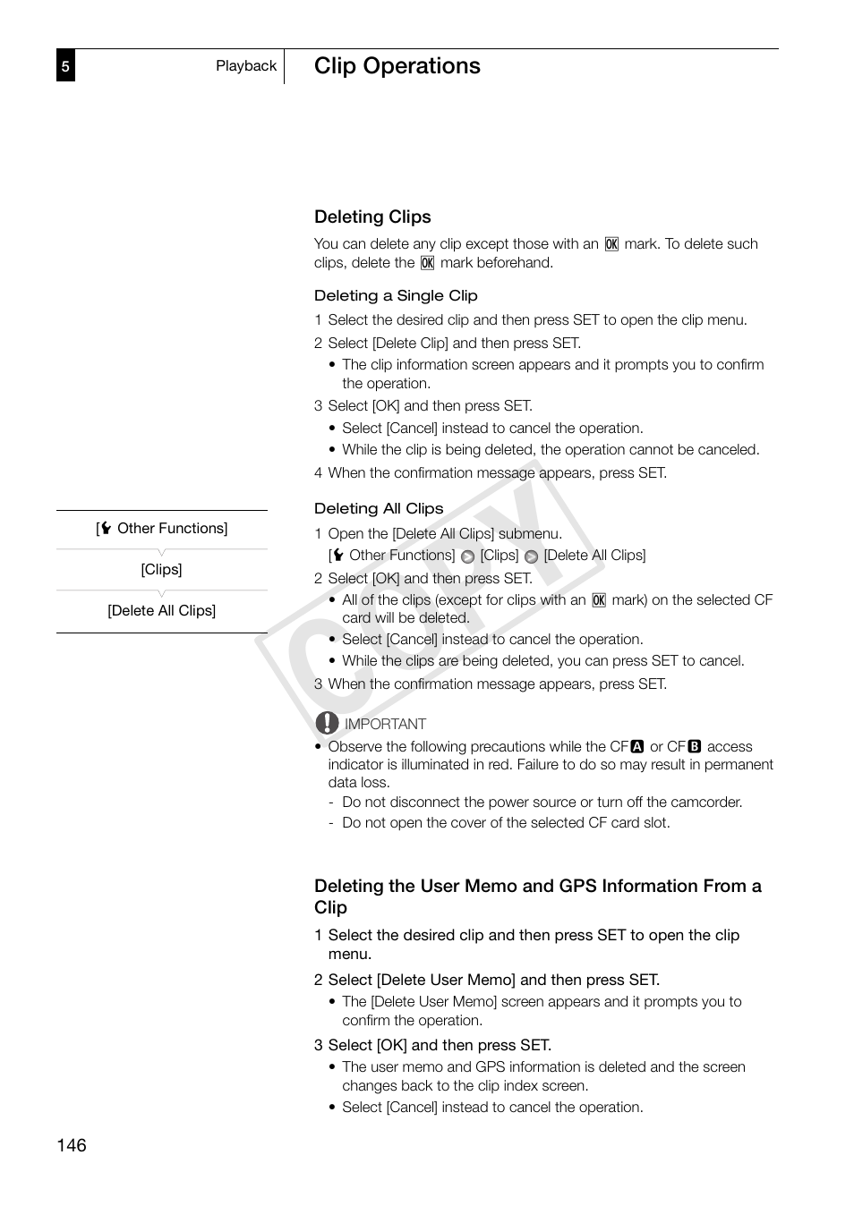 Deleting clips, A clip 146, Cop y | Canon XF305 User Manual | Page 146 / 217