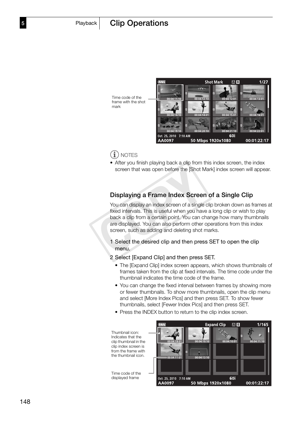 Displaying a frame index screen of a single clip, Displaying a frame index screen of a single, Clip 148 | Cop y | Canon XF305 User Manual | Page 148 / 217