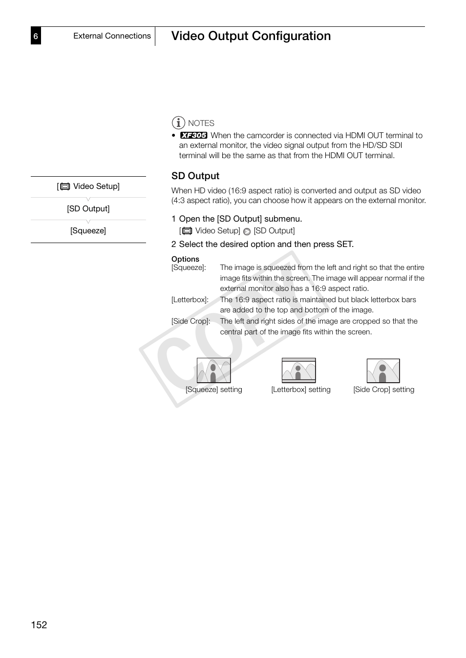 Sd output, Sd output 152, Cop y | Canon XF305 User Manual | Page 152 / 217