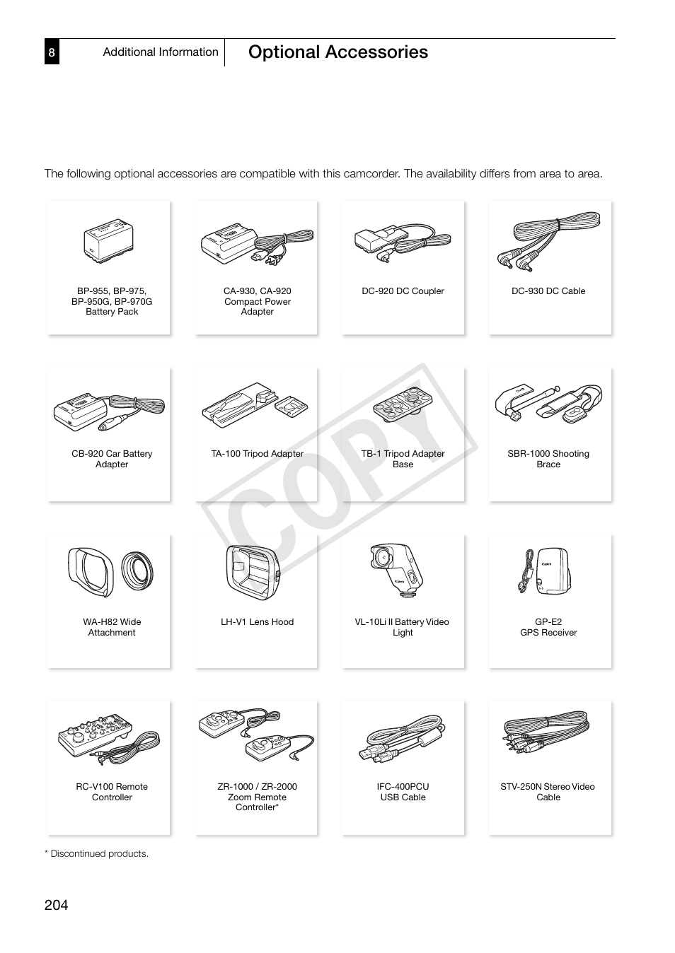 Optional accessories, Optional accessories 204, Cop y | Canon XF305 User Manual | Page 204 / 217