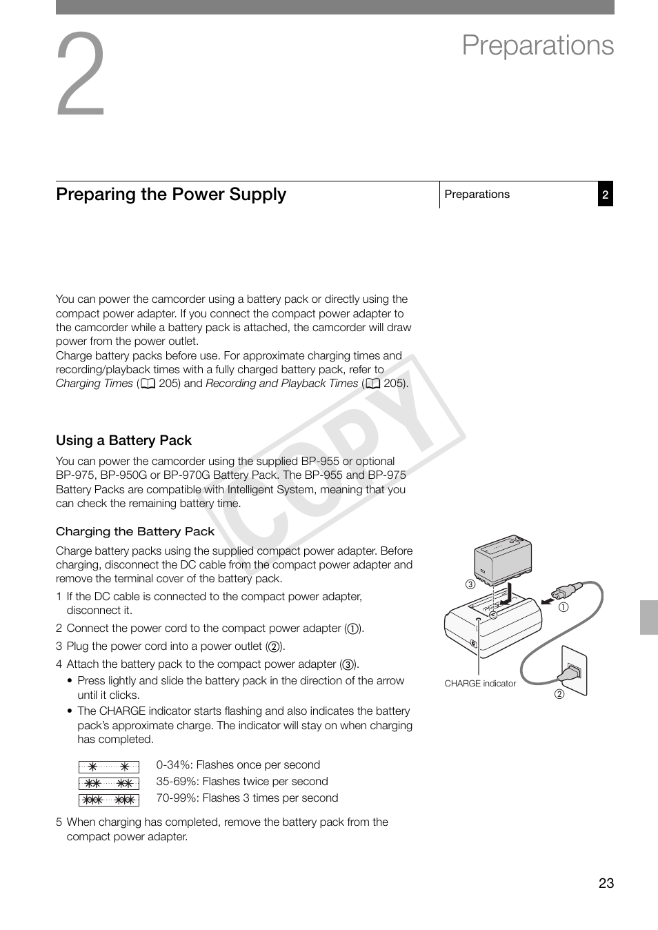 Preparations, Preparing the power supply, Using a battery pack | Preparations 23, Preparing the power supply 23, Using a battery pack 23, Cop y | Canon XF305 User Manual | Page 23 / 217