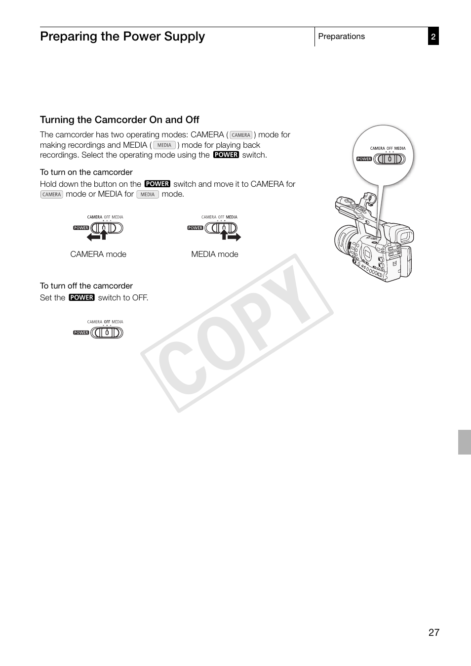 Turning the camcorder on and off, Turning the camcorder on and off 27, Cop y | Canon XF305 User Manual | Page 27 / 217