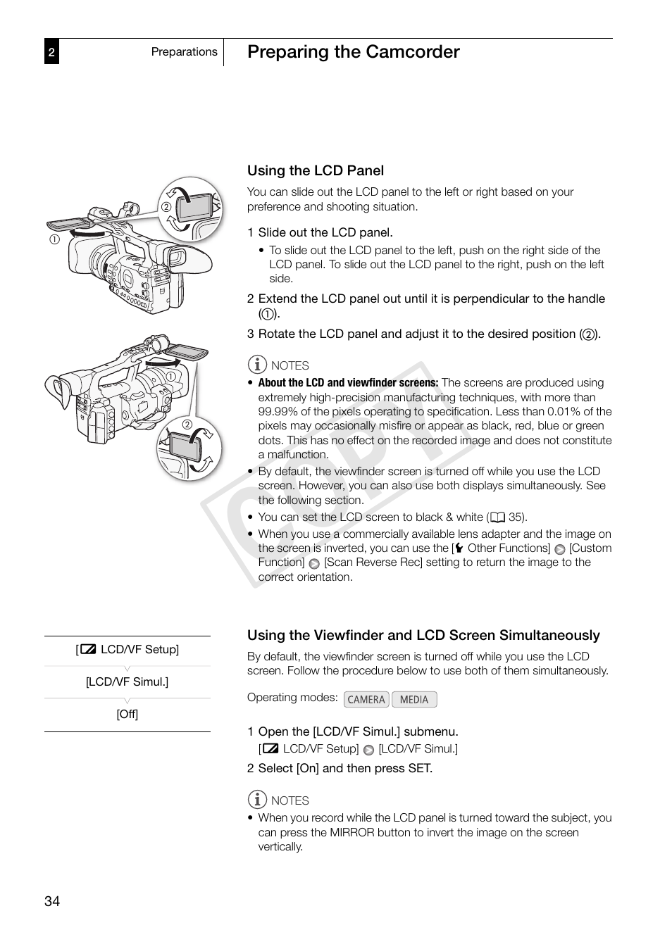 Using the lcd panel, Using the viewfinder and lcd screen simultaneously, Simultaneously 34 | Cop y | Canon XF305 User Manual | Page 34 / 217