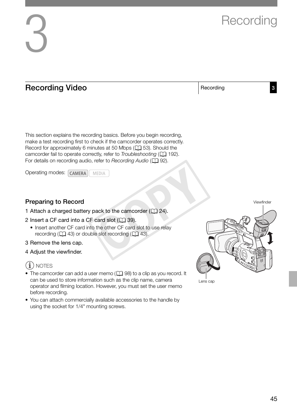 Recording, Recording video, Preparing to record | Recording 45, Recording video 45, Preparing to record 45, Cop y | Canon XF305 User Manual | Page 45 / 217