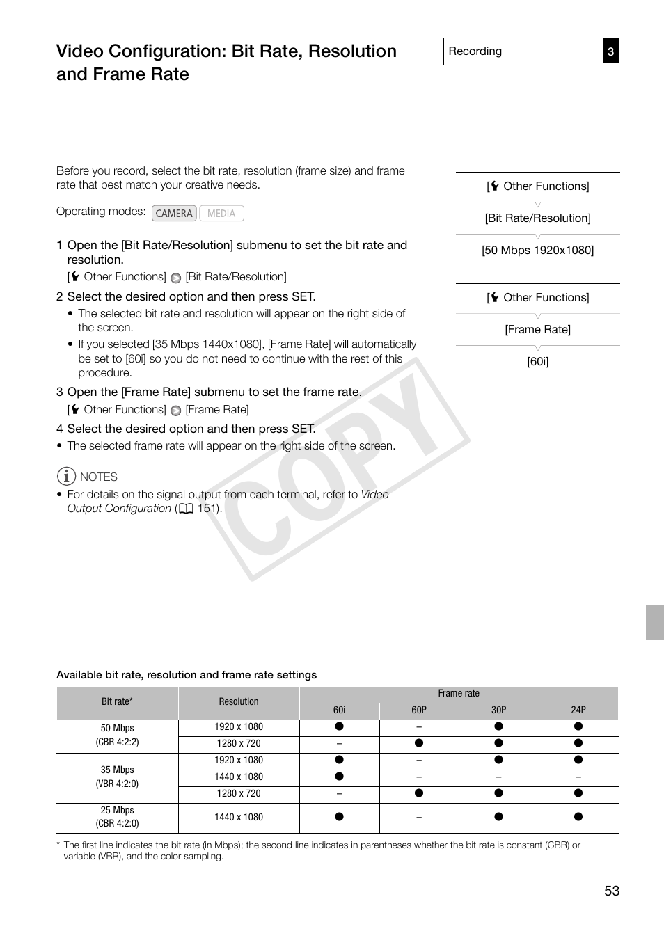 Video configuration: bit rate, resolution and, Frame rate 53, 53). s | Cop y | Canon XF305 User Manual | Page 53 / 217