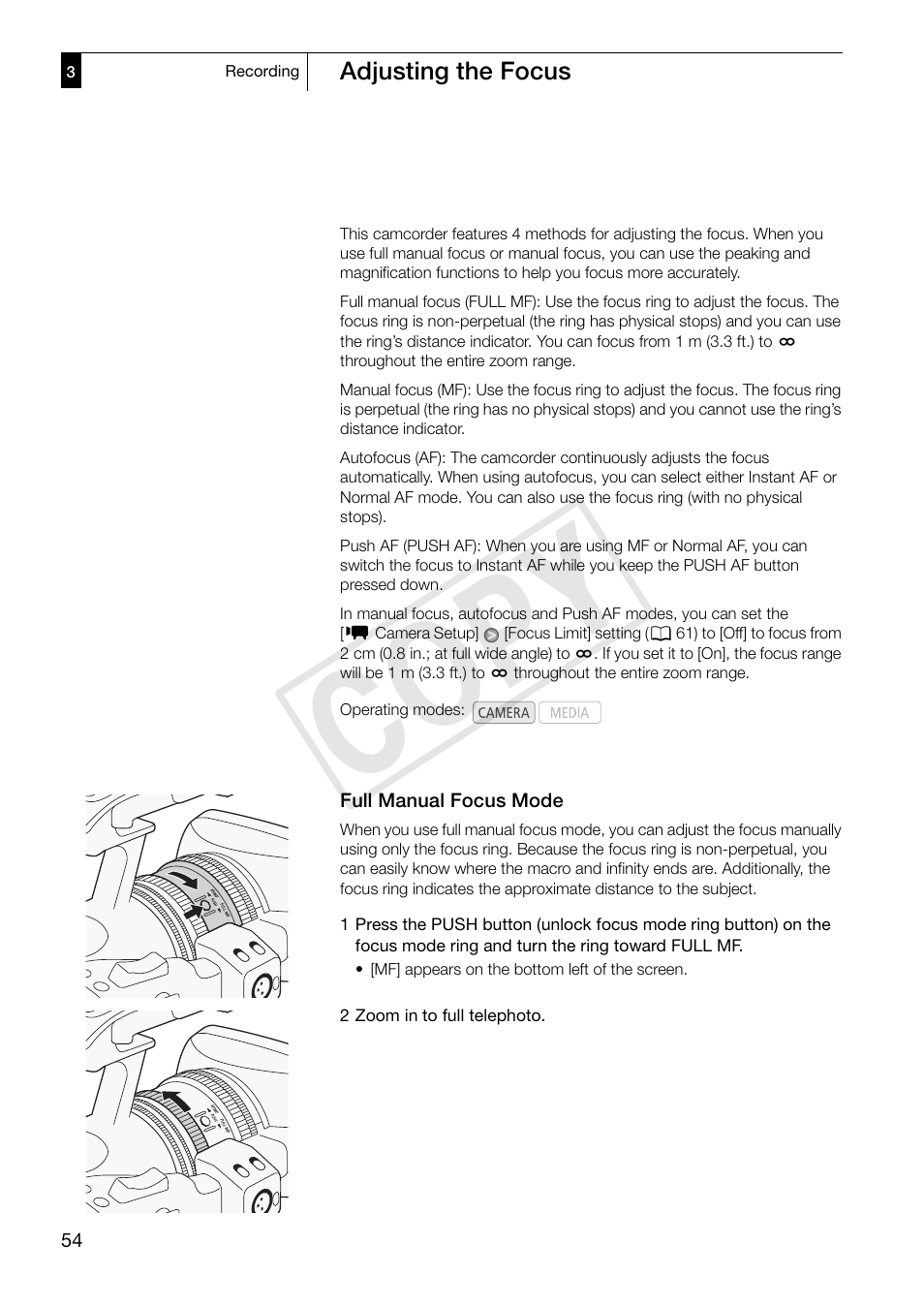 Adjusting the focus, Full manual focus mode, Adjusting the focus 54 | Full manual focus mode 54, Cop y | Canon XF305 User Manual | Page 54 / 217