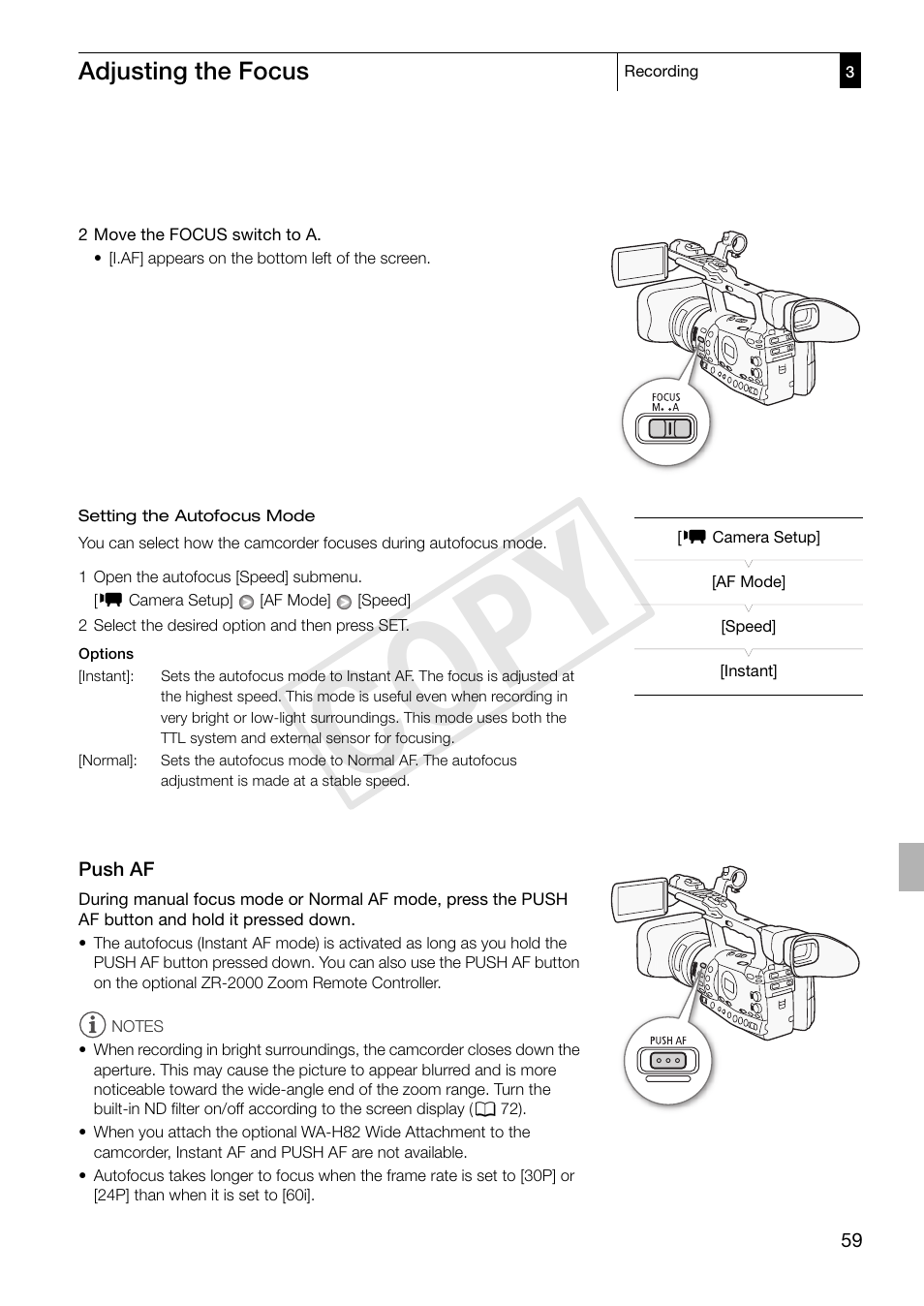 Push af, Push af 59, Cop y | Canon XF305 User Manual | Page 59 / 217