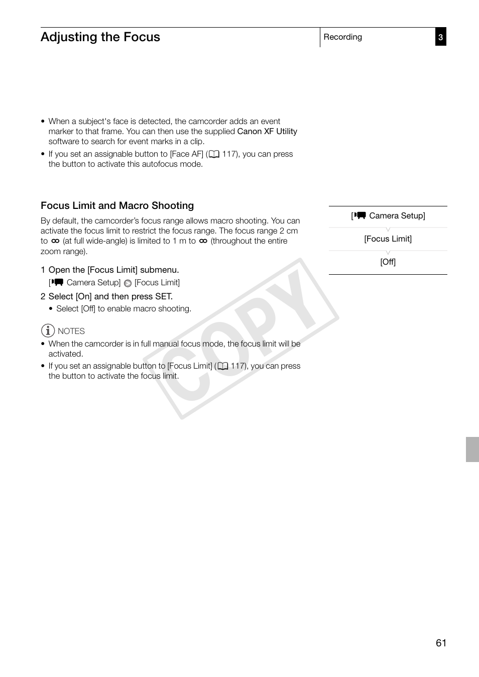 Focus limit and macro shooting, Focus limit and macro shooting 61, Cop y | Canon XF305 User Manual | Page 61 / 217