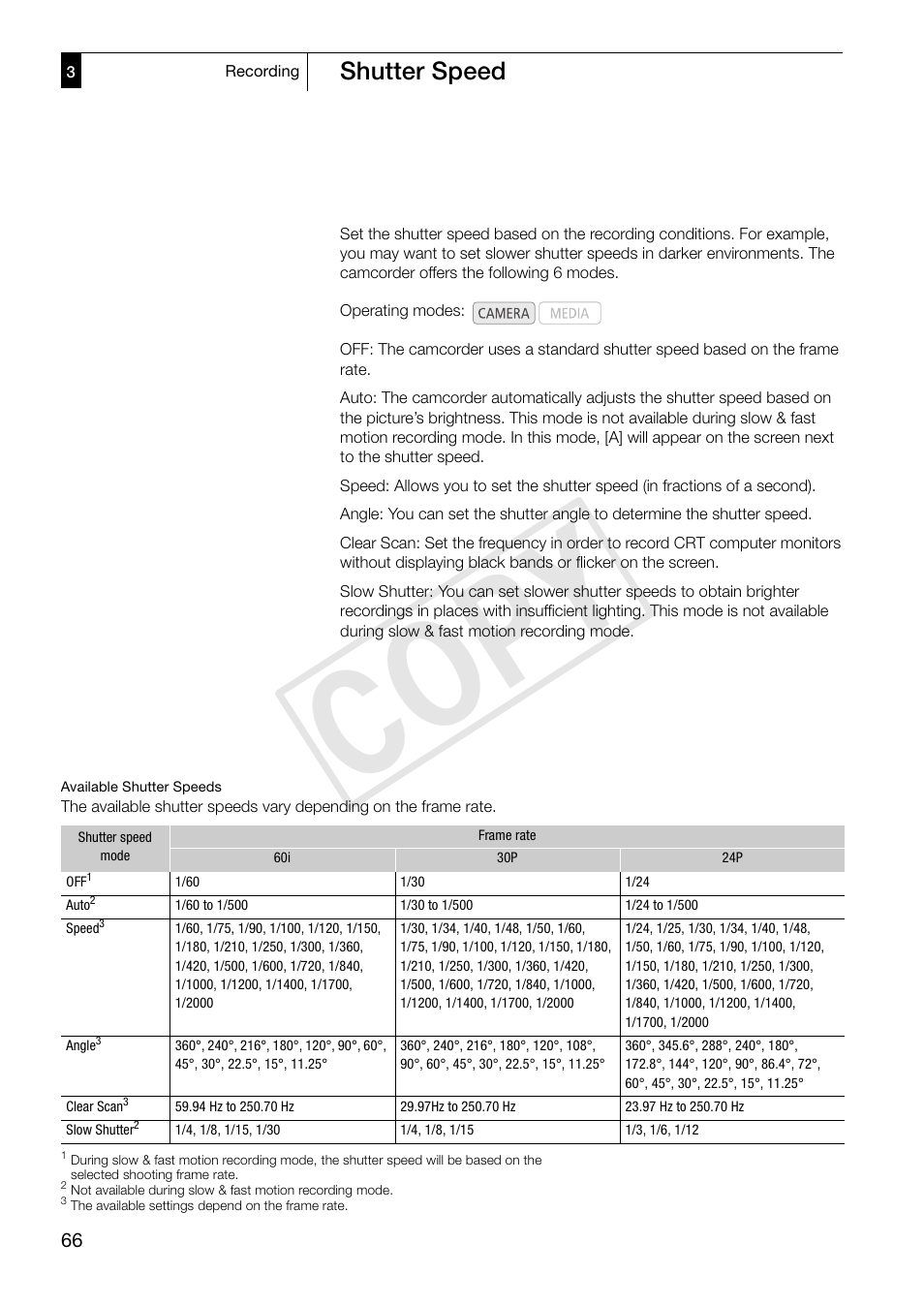 Shutter speed, Shutter speed 66, Cop y | Canon XF305 User Manual | Page 66 / 217