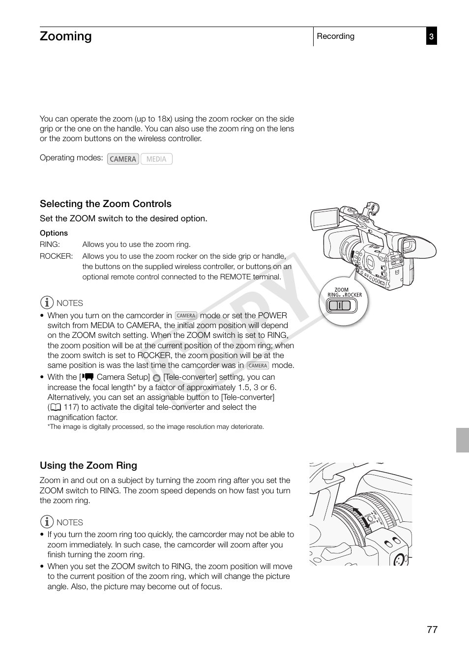 Zooming, Selecting the zoom controls, Using the zoom ring | Zooming 77, Selecting the zoom controls 77, Using the zoom ring 77, Cop y | Canon XF305 User Manual | Page 77 / 217
