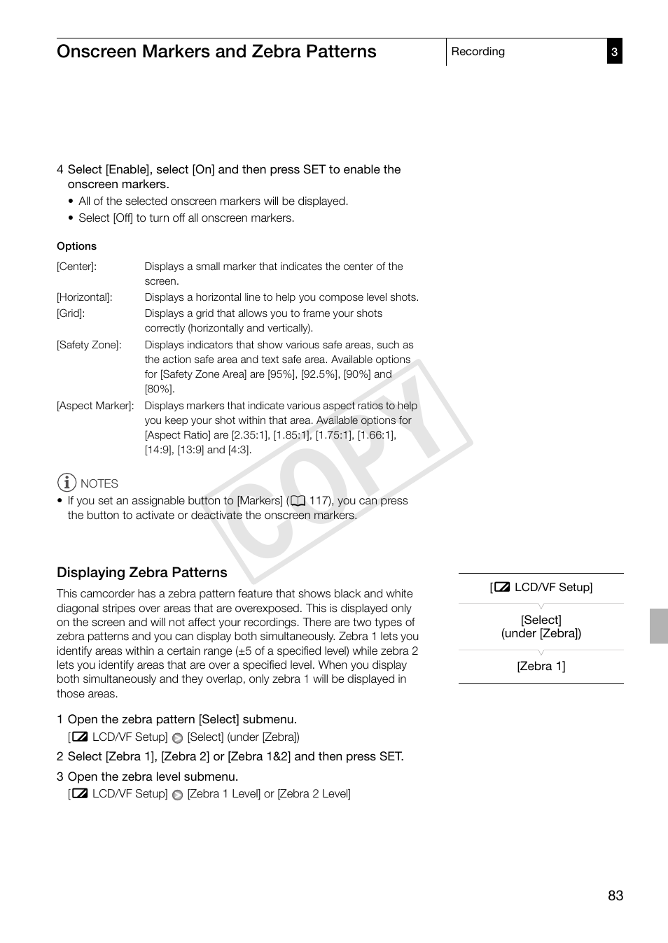 Displaying zebra patterns, Displaying zebra patterns 83, C op y | Canon XF305 User Manual | Page 83 / 217