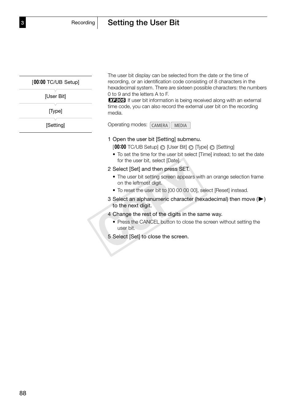 Setting the user bit, Setting the user bit 88, Cop y | Canon XF305 User Manual | Page 88 / 217