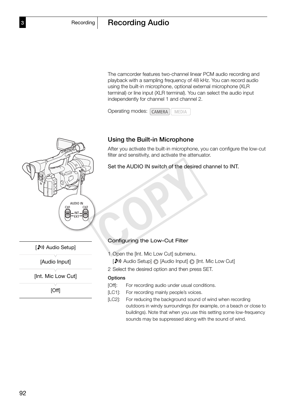 Recording audio, Using the built-in microphone, Recording audio 92 | Using the built-in microphone 92, Cop y | Canon XF305 User Manual | Page 92 / 217