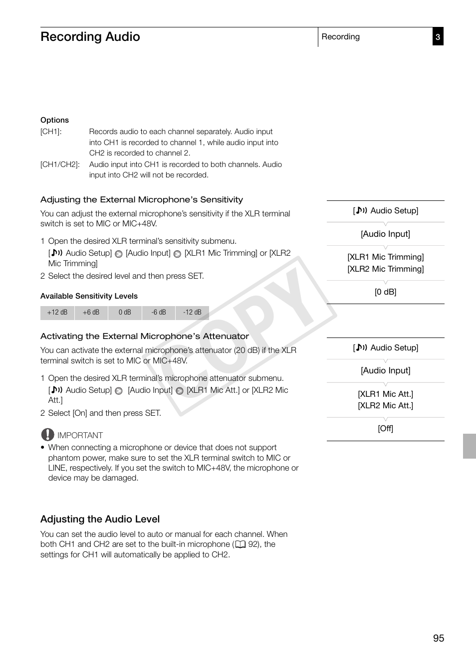 Adjusting the audio level, Adjusting the audio level 95, Cop y | Recording audio | Canon XF305 User Manual | Page 95 / 217