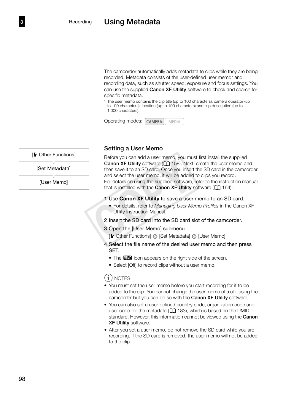 Using metadata, Setting a user memo, Using metadata 98 | Setting a user memo 98, Cop y | Canon XF305 User Manual | Page 98 / 217