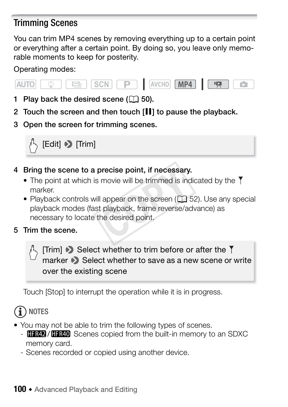 Trimming scenes, Cop y | Canon VIXIA HF R42 User Manual | Page 100 / 197