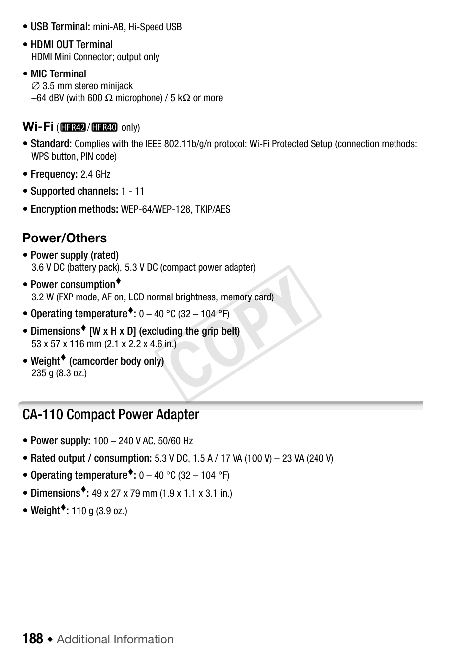 Cop y, Ca-110 compact power adapter | Canon VIXIA HF R42 User Manual | Page 188 / 197