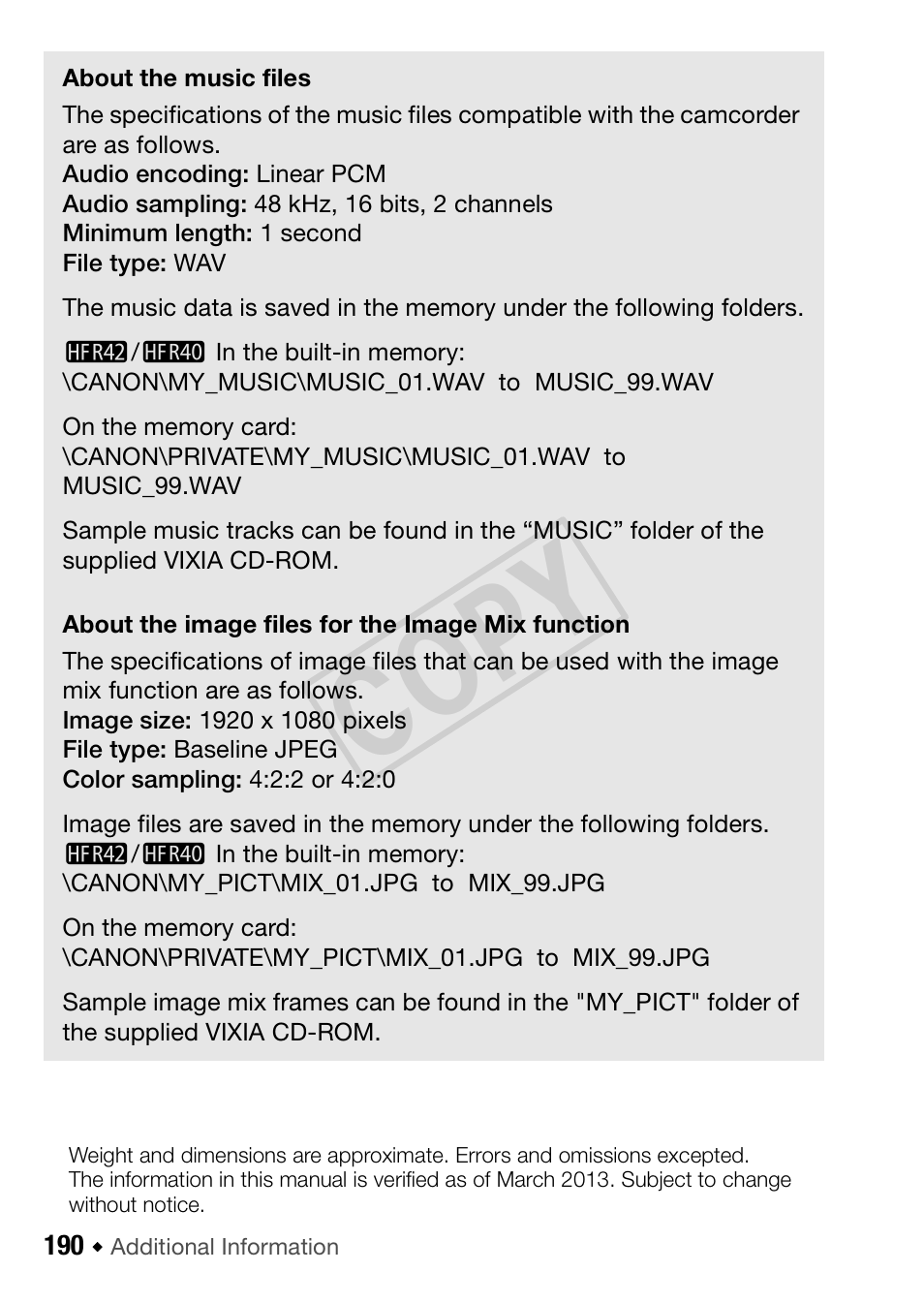 190) f, Cop y | Canon VIXIA HF R42 User Manual | Page 190 / 197