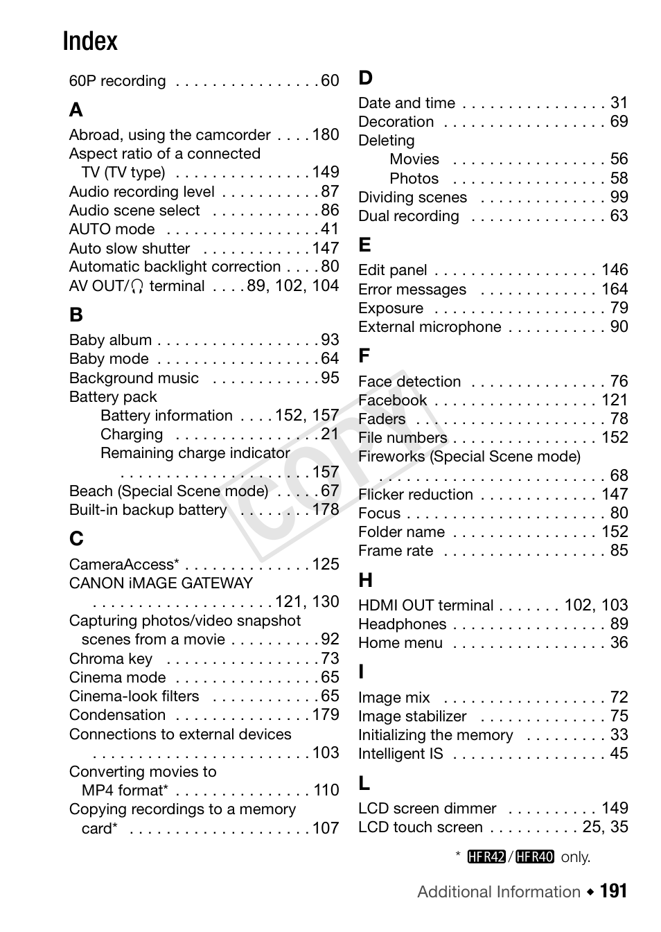Index, C op y | Canon VIXIA HF R42 User Manual | Page 191 / 197