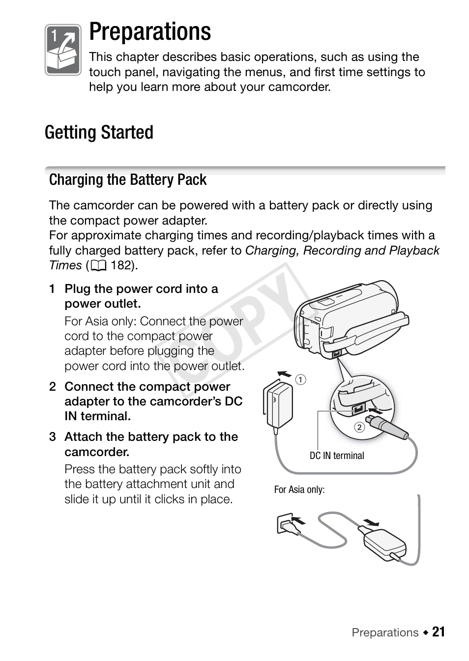 Preparations, Getting started, Charging the battery pack | Cop y | Canon VIXIA HF R42 User Manual | Page 21 / 197
