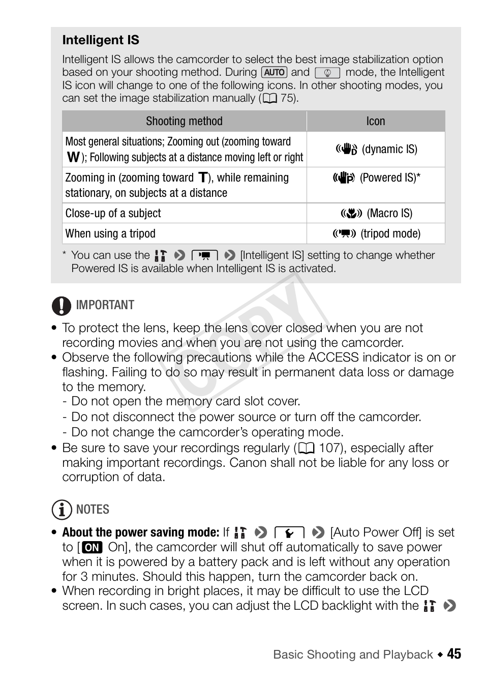 Intelligent is, Cop y | Canon VIXIA HF R42 User Manual | Page 45 / 197
