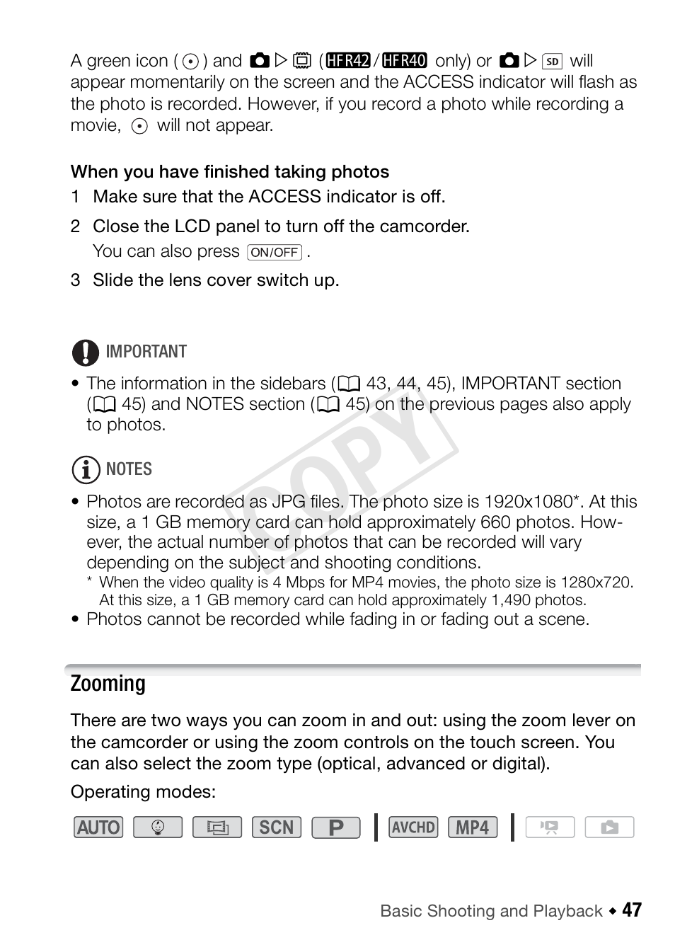 Zooming, Cop y | Canon VIXIA HF R42 User Manual | Page 47 / 197