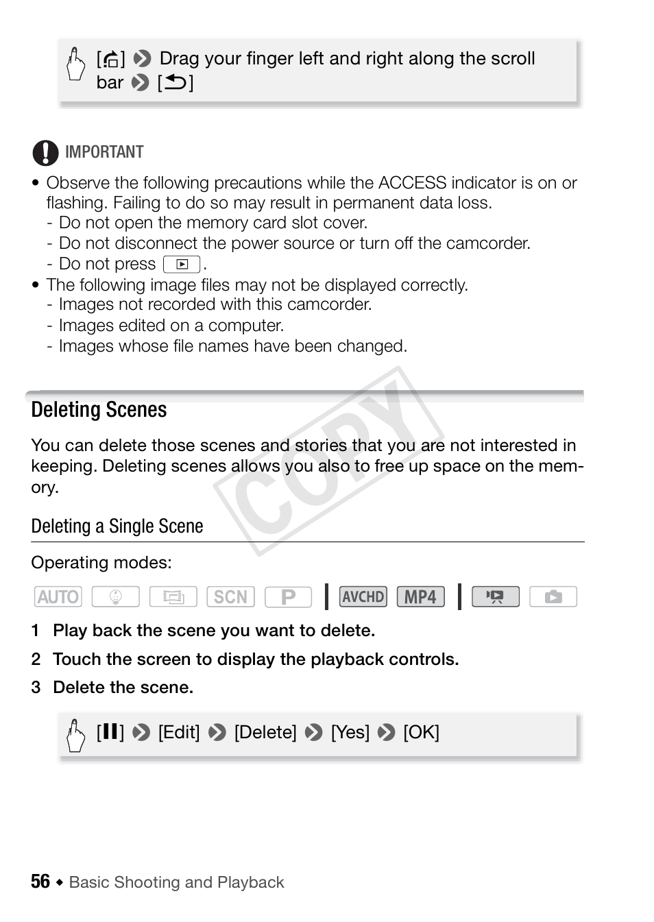 Deleting scenes, Cop y | Canon VIXIA HF R42 User Manual | Page 56 / 197