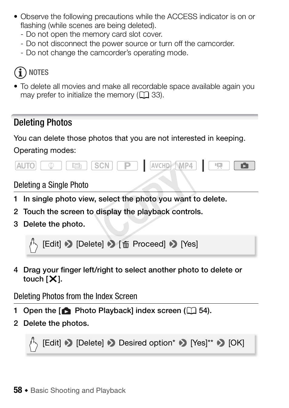 Deleting photos, Cop y | Canon VIXIA HF R42 User Manual | Page 58 / 197