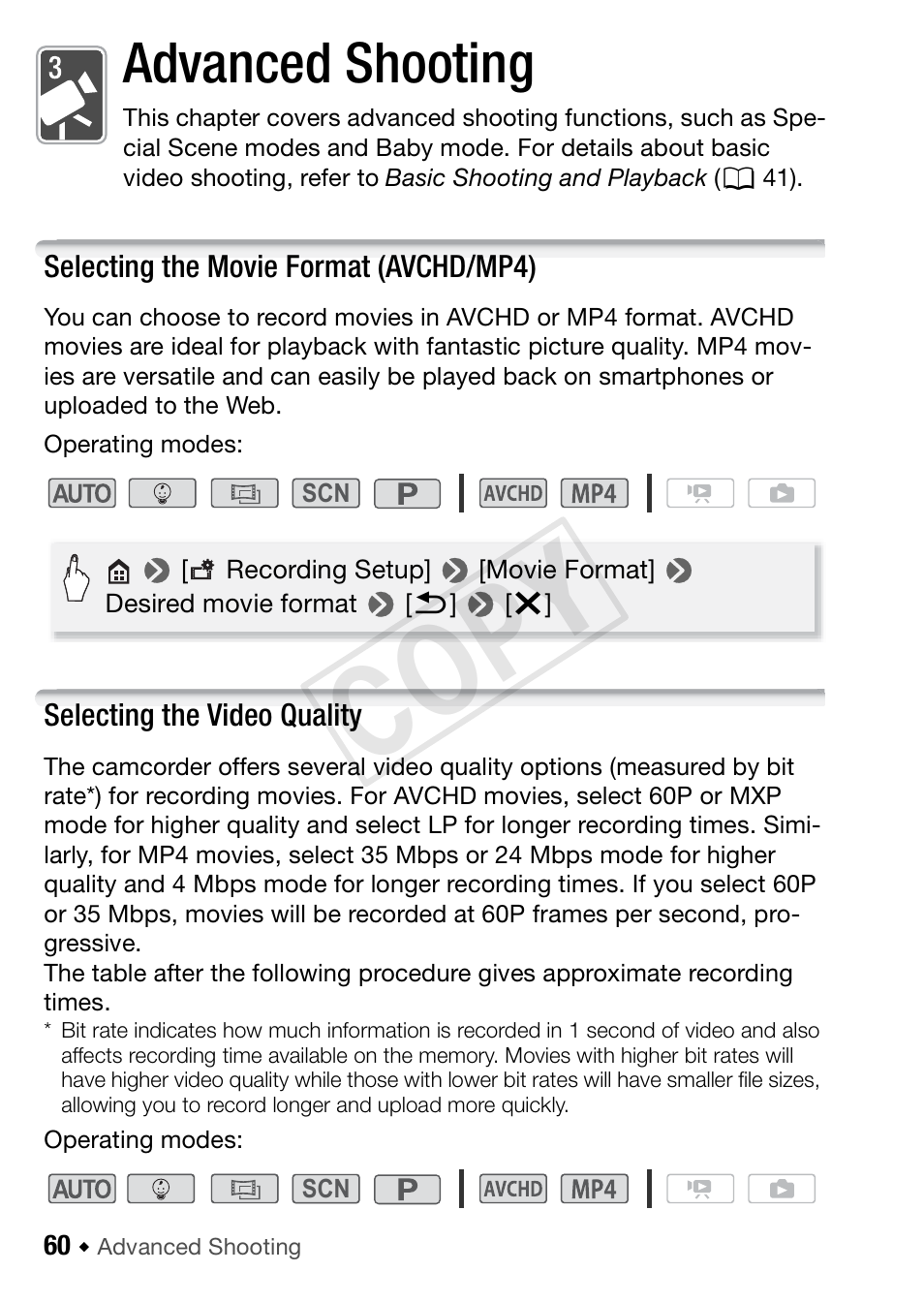 Advanced shooting, Selecting the movie format (avchd/mp4), Selecting the video quality | 60), v, Cop y | Canon VIXIA HF R42 User Manual | Page 60 / 197