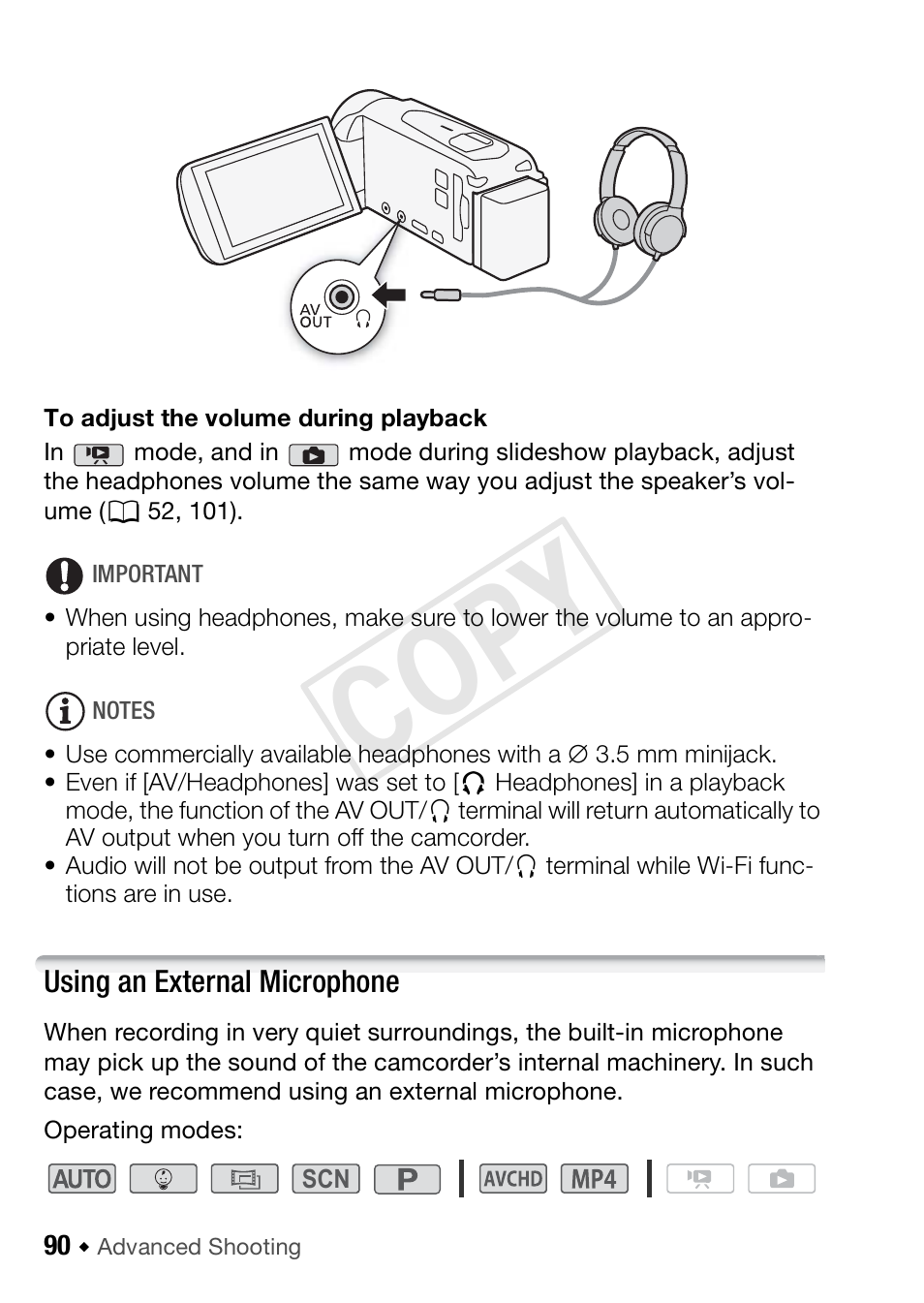 Using an external microphone, Cop y | Canon VIXIA HF R42 User Manual | Page 90 / 197