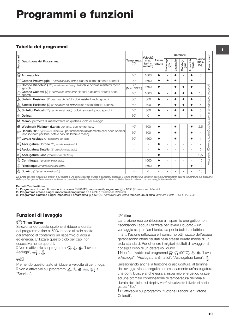 Programmi e funzioni, Funzioni di lavaggio, Tabella dei programmi | Hotpoint Ariston WDD 10760 User Manual | Page 19 / 48