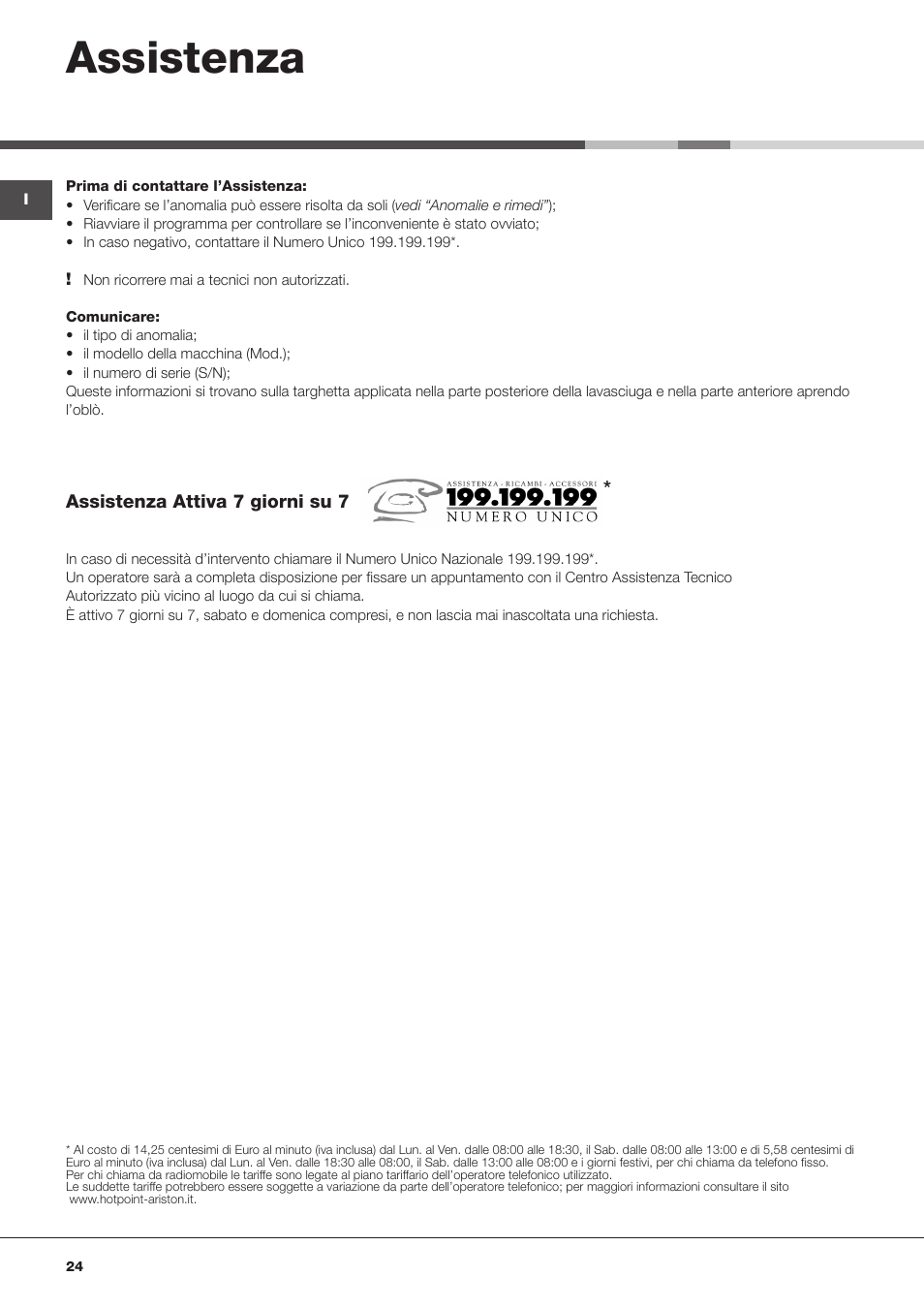 Assistenza | Hotpoint Ariston WDD 10760 User Manual | Page 24 / 48