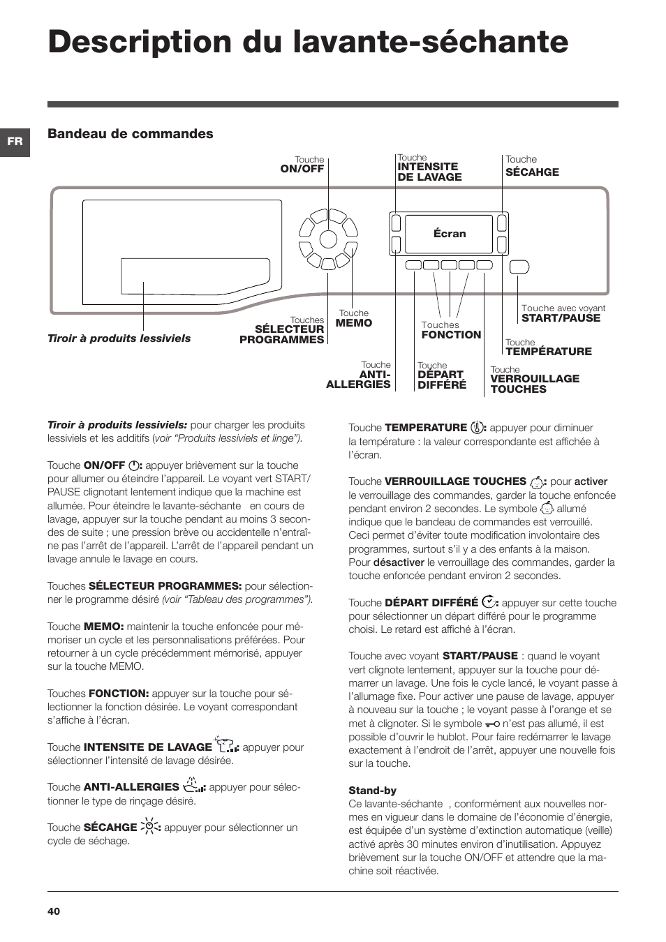 Description du lavante-séchante, Bandeau de commandes | Hotpoint Ariston WDD 10760 User Manual | Page 40 / 48