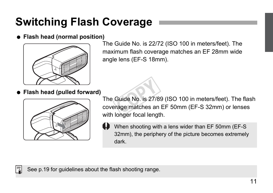 Cop y, Switching flash coverage | Canon Speedlite 270EX User Manual | Page 13 / 76
