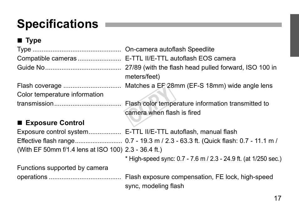 Cop y, Specifications | Canon Speedlite 270EX User Manual | Page 19 / 76