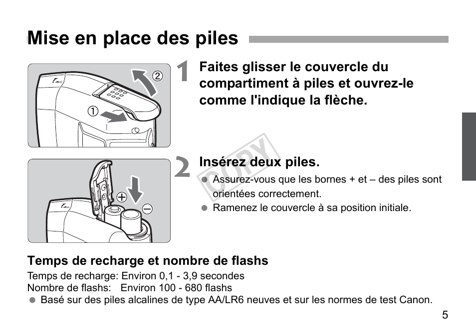 Cop y, Mise en place des piles | Canon Speedlite 270EX User Manual | Page 31 / 76