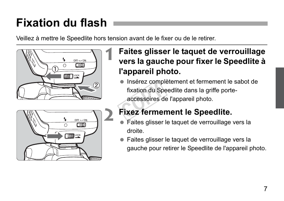 Cop y, Fixation du flash | Canon Speedlite 270EX User Manual | Page 33 / 76